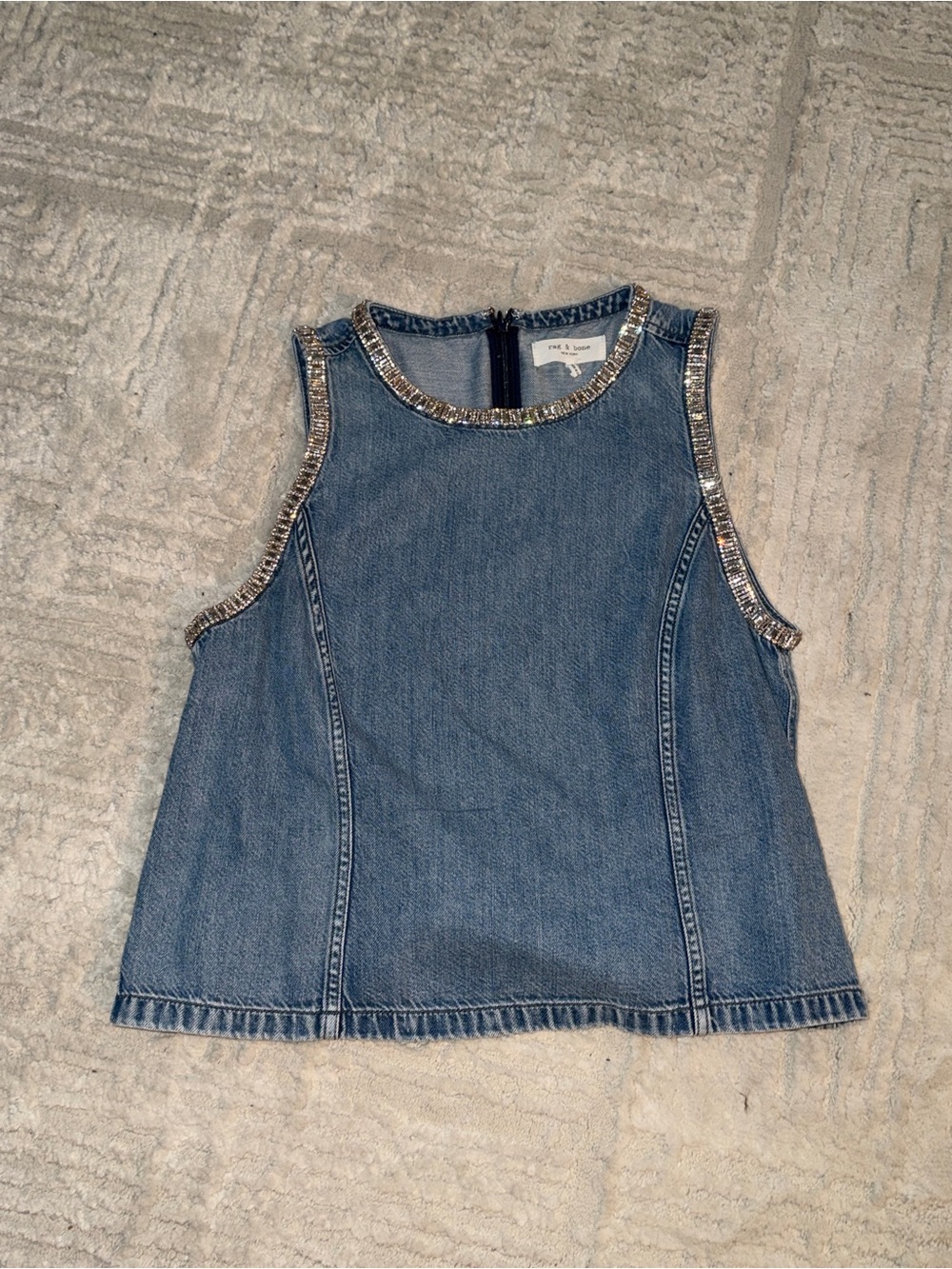 rag & bone Light Blue Denim Top with Crystal Trim